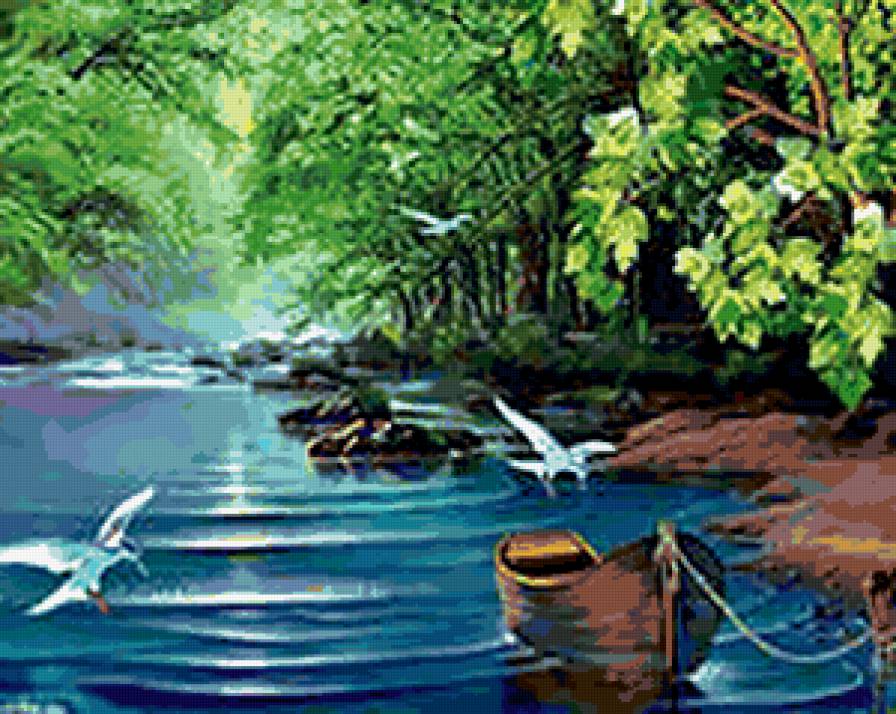 природа - озеро, лодка, река, птицы, деревья, пейзаж, природа, вода - предпросмотр