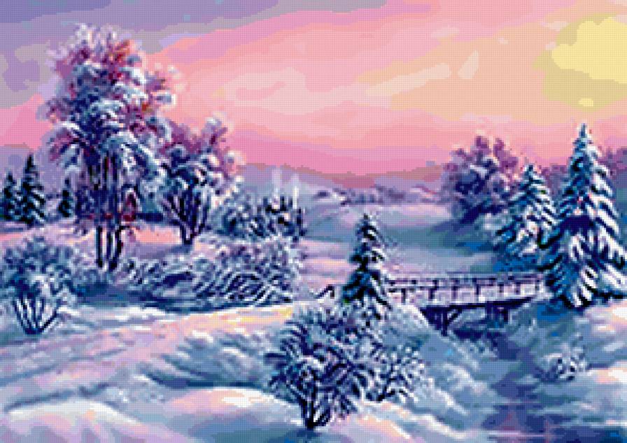 зима - дома, река, зима, мост, пейзаж, снег, дерево - предпросмотр