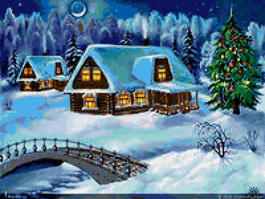 зима - дерево, зима, пейзаж, снег, елка, река, дома, мост - предпросмотр