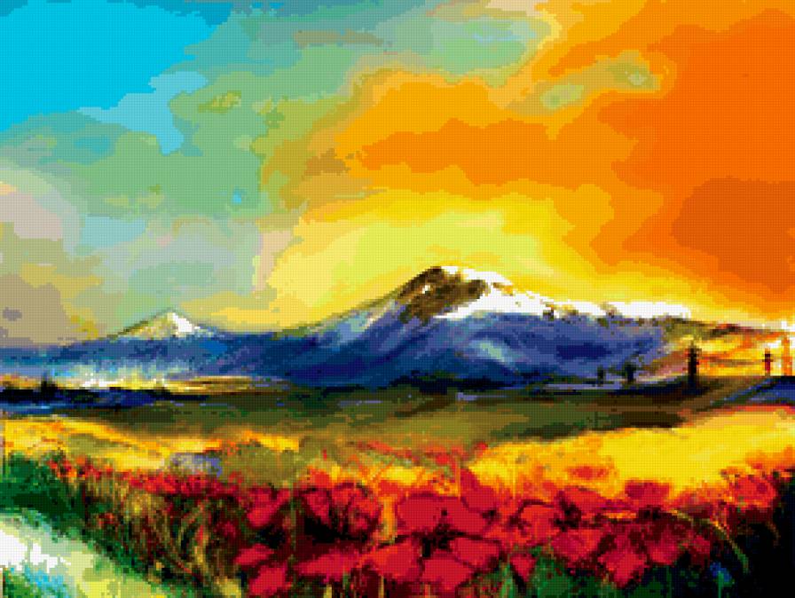 3456 - картина, живопись, цветы, горы - предпросмотр