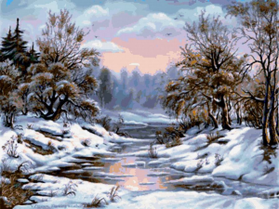 природа - картина, лес, пейзаж, река, речка, зима - предпросмотр