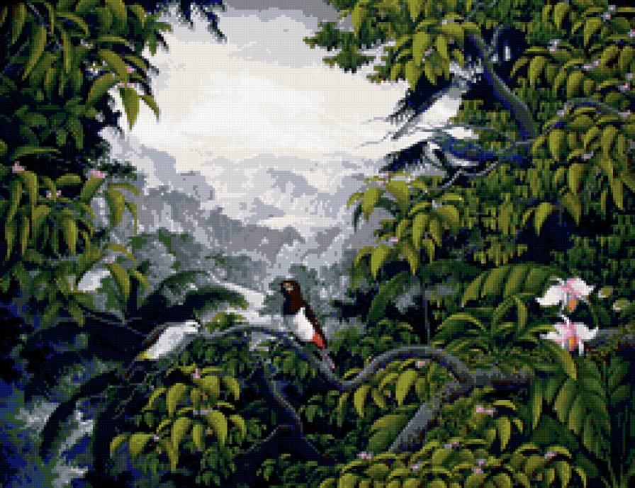 райские птицы - листья, пейзаж, птицы, деревья - предпросмотр