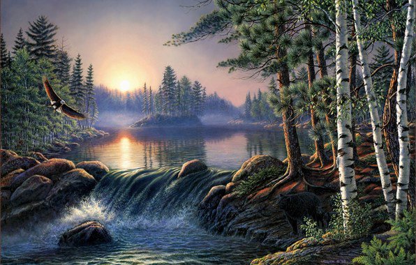 водопад - река, орел, водопад, деревья, рева, пейзаж - оригинал