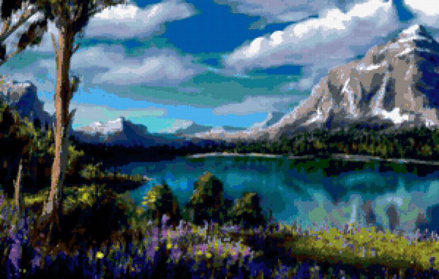 пейзаж с горами - цветы, пейзаж, гора, облака, небо, дерево, река - предпросмотр