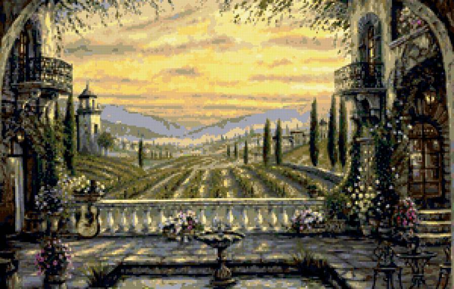 вид с терассы - гитара, терасса, небо, цветы, пейзаж - предпросмотр