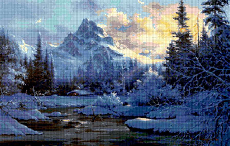 зимний пейзаж - зима, гора, снег, ели, солнце, река, пейзаж - предпросмотр