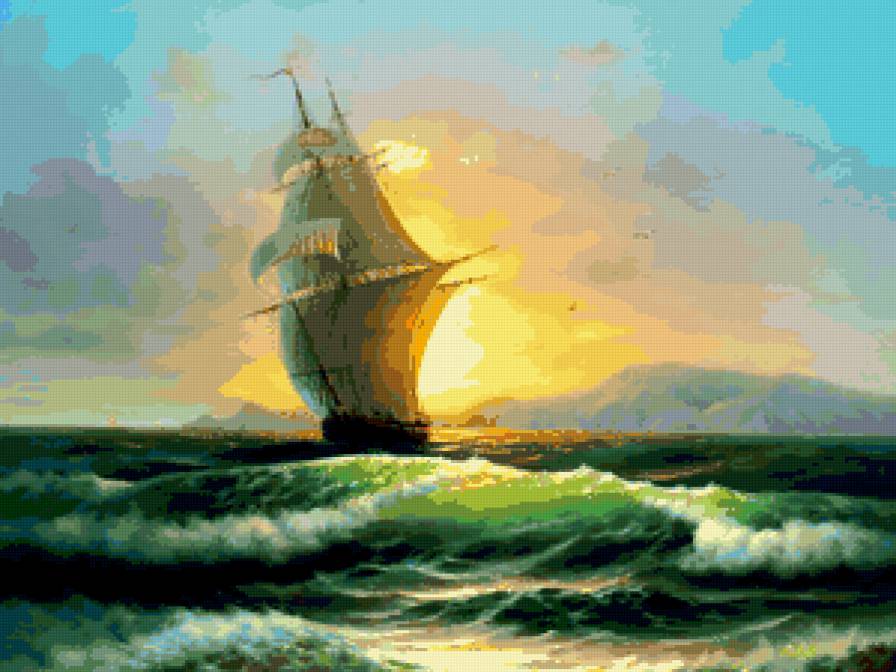 парусник - волна, пейзаж, море, парусник, солнце, закат - предпросмотр