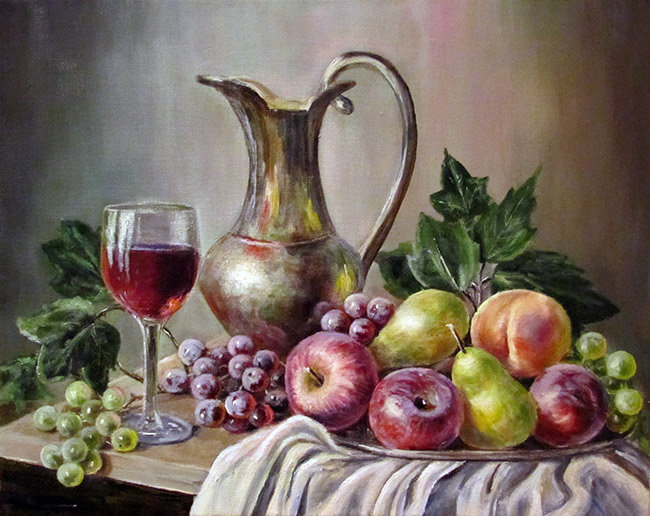 натюрморт - яблоки, бокал, вино, груша, натюрморт, графин, виноград - оригинал
