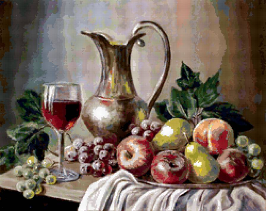 натюрморт - вино, бокал, яблоки, натюрморт, графин, груша, виноград - предпросмотр