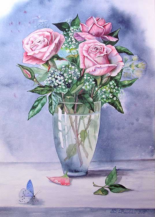 розы в вазе - ваза, бабочка, роза, цветы, букет - оригинал
