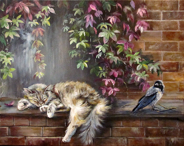 кот отдыхает - листья, кот, стена, птица - оригинал