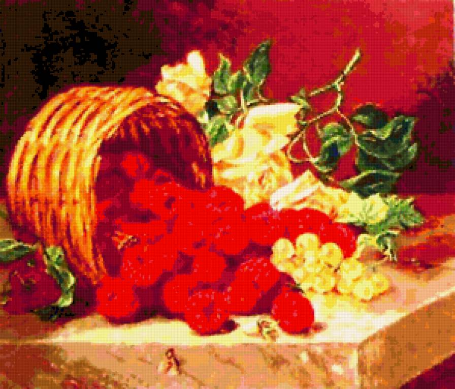 натюрморт - корзина, цветы, ягоды - предпросмотр