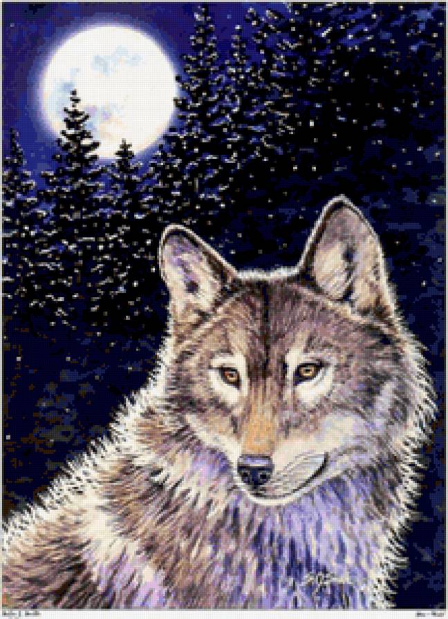 Волк - природа, луна, ночь, картина, волк, лес - предпросмотр