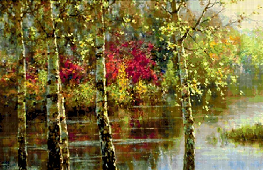 лето - березы, природа, пейзаж, лес, река - предпросмотр