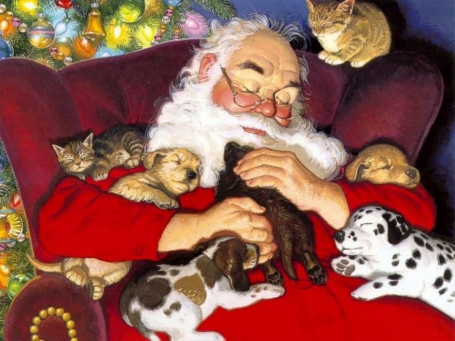 сладкий сон - котята, щенки, сон, дед мороз, новый год - оригинал