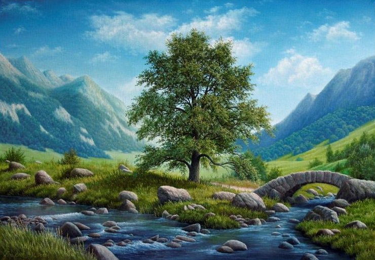 №181675 - природа, пейзаж, река, картина, мост - оригинал