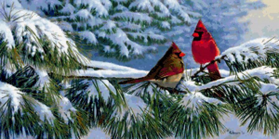 Снегири - снегири, птици, природа, зима, снег, картина - предпросмотр