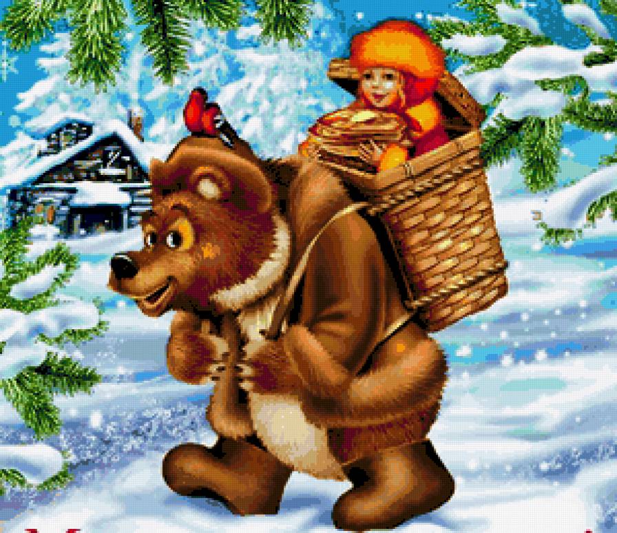 Маша и медведь - для детей, снег, картина, зима, медведь, дети - предпросмотр