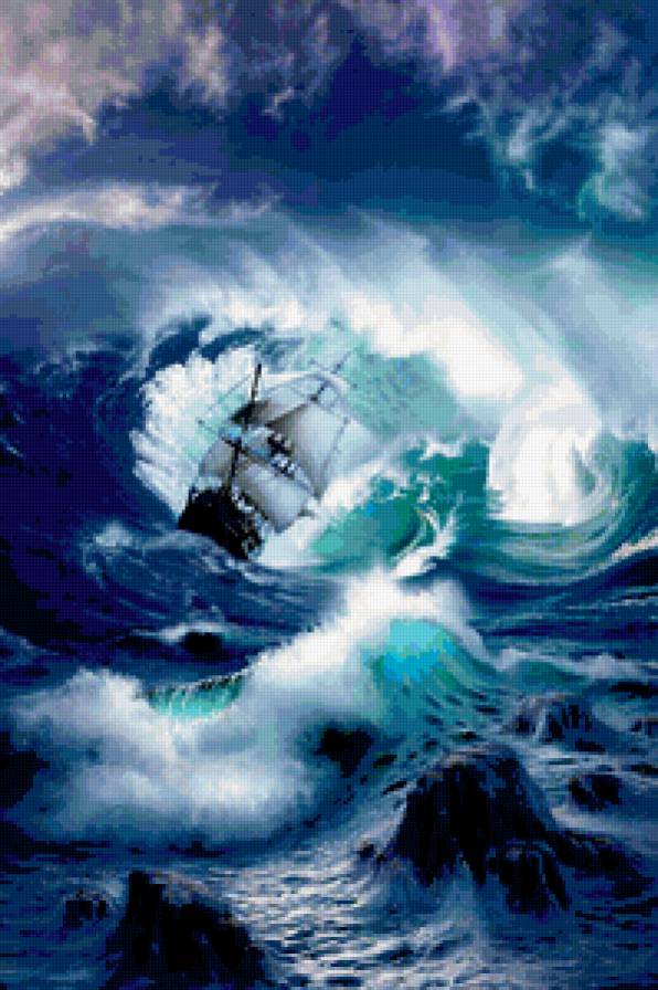 на волнах - корабль, скалы, океан, море, волна, волны, паруса, шторм - предпросмотр