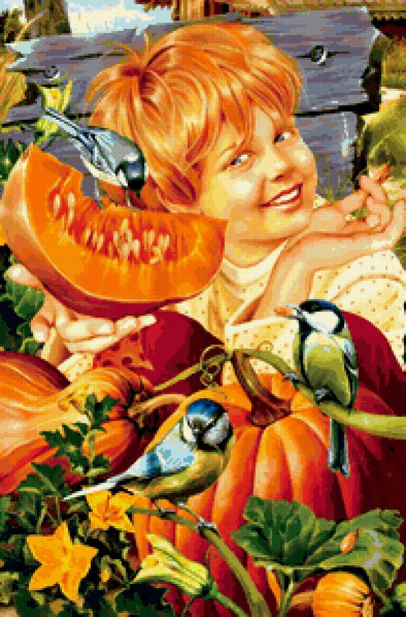 №182279 - тыква, ребенок, птицы, овощи - предпросмотр