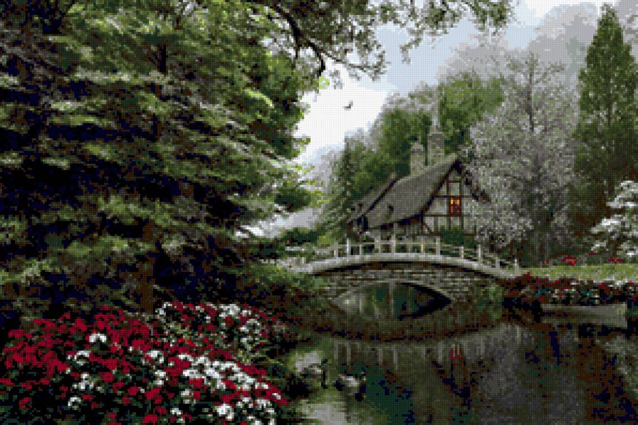 №182291 - река, дом, природа, картина, мост, пейзаж - предпросмотр