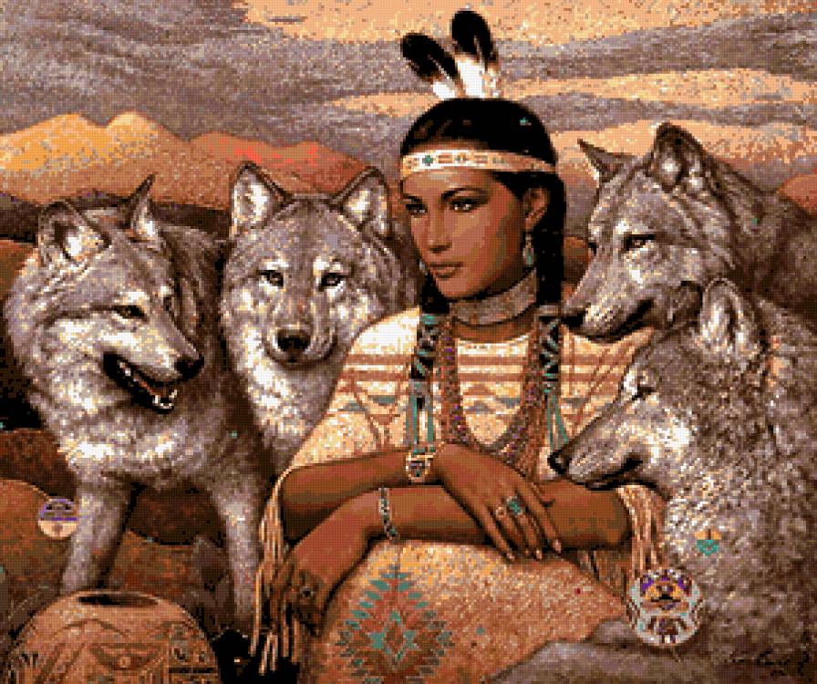 №183085 - женщина, волки, животные, картина - предпросмотр
