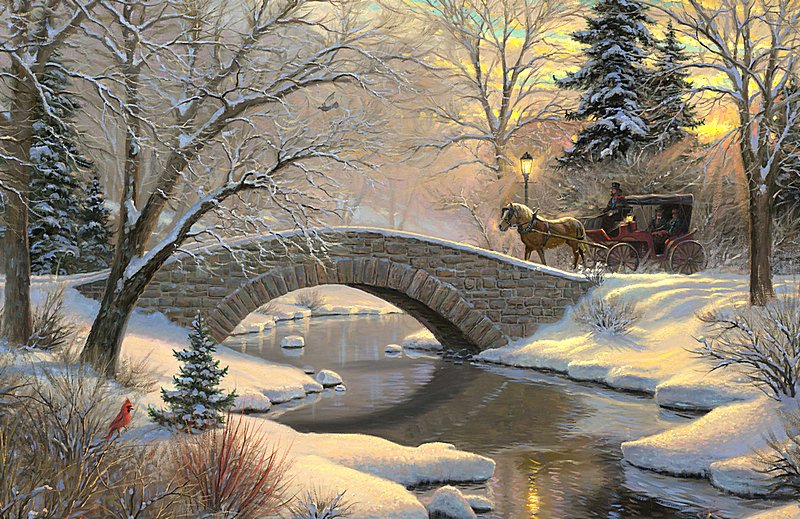 Перед рассветом - мост, снег, лес, река, зима, рассвет, экипаж, фонарь - оригинал