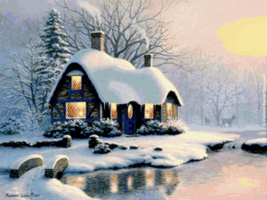 №183471 - озеро, елка, зима, дом, снег - предпросмотр