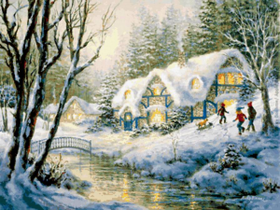 №183523 - снег, мост, дети, зима, каток, санки, дом, река - предпросмотр