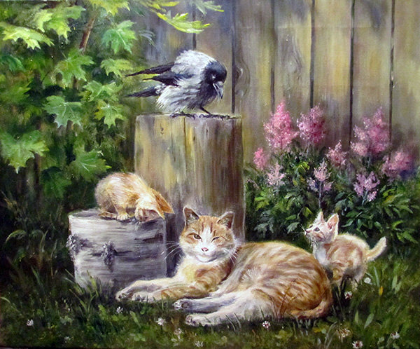 мама кошка и котята - листья, кошка, пеньок, котята, забор, животные, цветы, ворона - оригинал