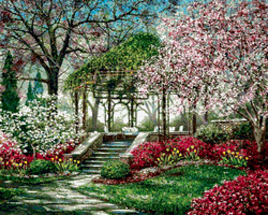 Рисование цветущий сад. Весенний сад (Spring Topiary Garden). Цветущий сад живопись. Сад живопись. Весенний сад живопись.