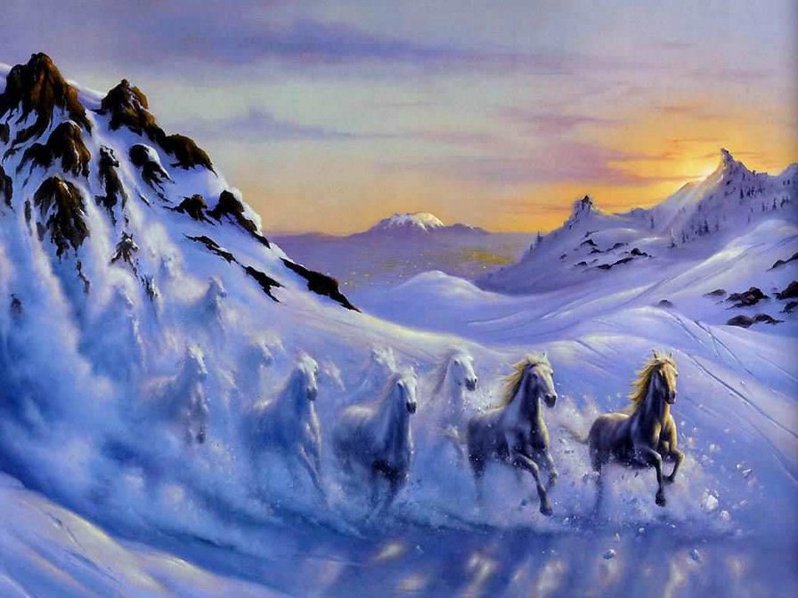 лавина - лошади, пейзаж, зима - оригинал