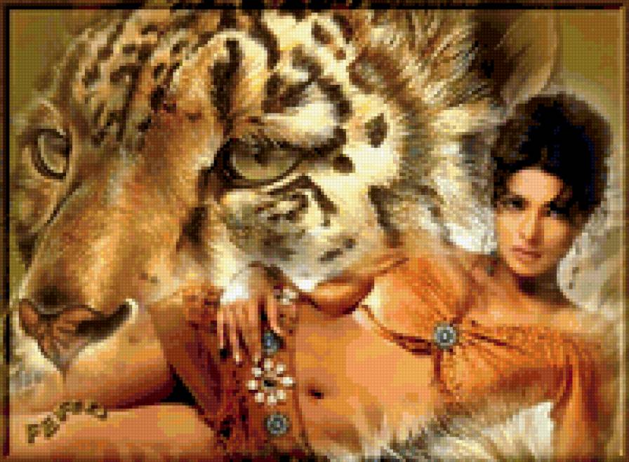 девушка и барс - девушка, барс, животные - предпросмотр