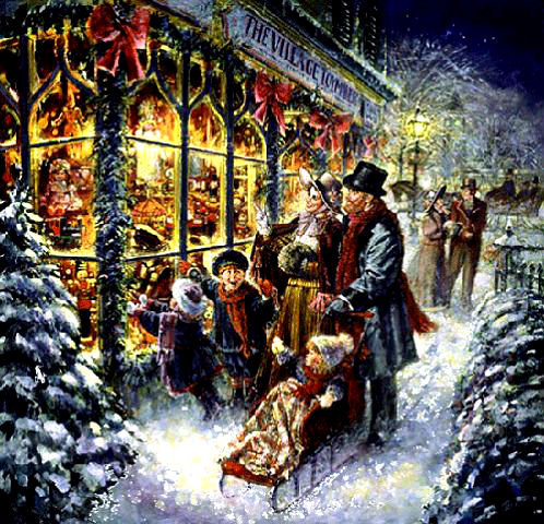 Новогодняя витрина - снег, витрина, рождесвто, новый год, зима, семья - оригинал
