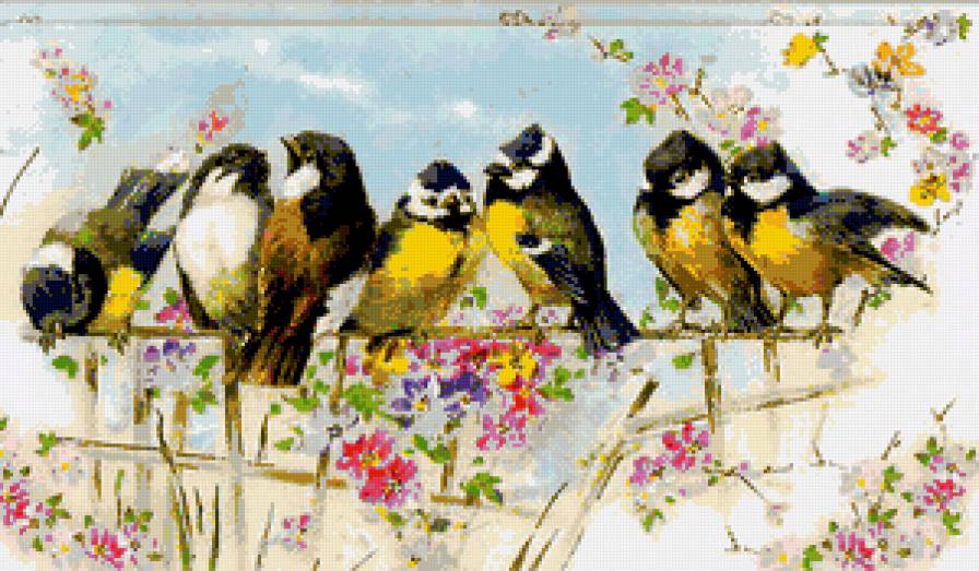 Весенние синички - птички, цветы, синичка, весна, синички, птицы, флора - предпросмотр