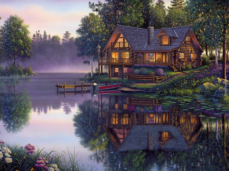 №184970 - озеро, лодка, цветы, дом, лес - оригинал