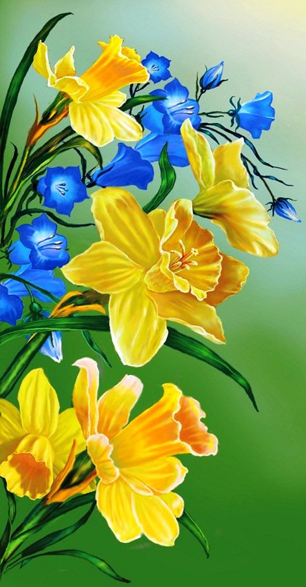 Нарциссы и колокольчики - флора, панно, весенние цветы, колокольчики, букет, нарциссы - оригинал