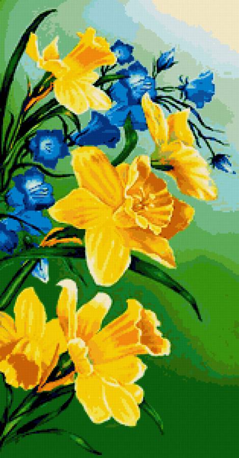 Нарциссы и колокольчики - нарциссы, панно, букет, флора, весенние цветы, колокольчики - предпросмотр