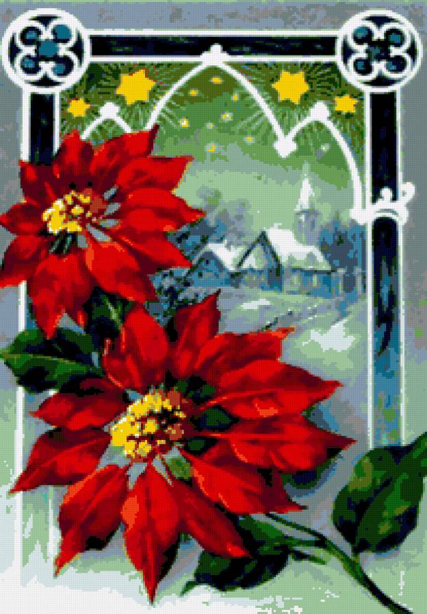 Рождественская вышивка - зима, пуансетия, цветы, пейзаж, рождество, домики - предпросмотр