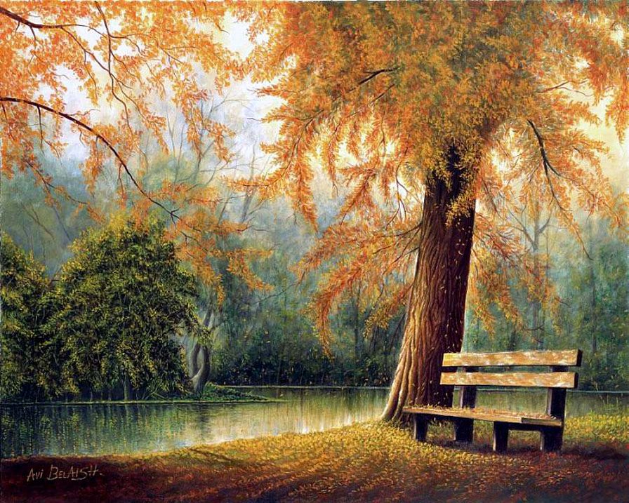 Осень, времена года - парк, осень, туман, озеро, скамейка - оригинал