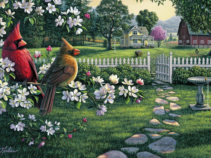 весна.времена года - калитка, сад, дом, птицы, цветы - оригинал