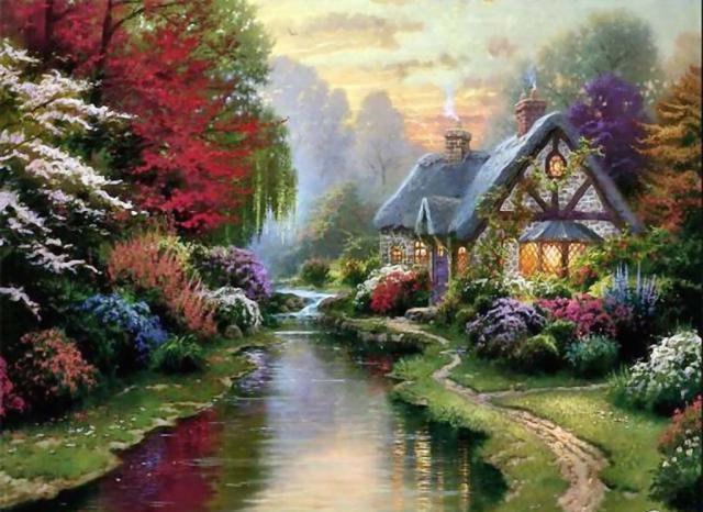 пейзаж - картина, природа, вода, живопись, река, весна - оригинал