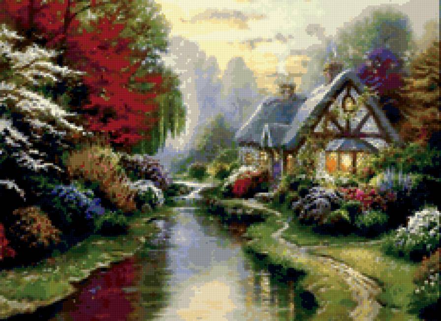 пейзаж - живопись, весна, природа, река, вода, картина - предпросмотр