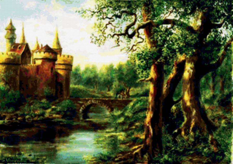 сказочный замок - мост, мостик, домик, сказка, принц, замки, дом, пруд, на воде - предпросмотр