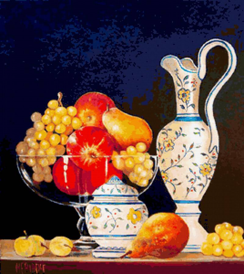 Натюрморт - фрукты, натюрморт, груши кувшин, виноград, картина, яблоки - предпросмотр