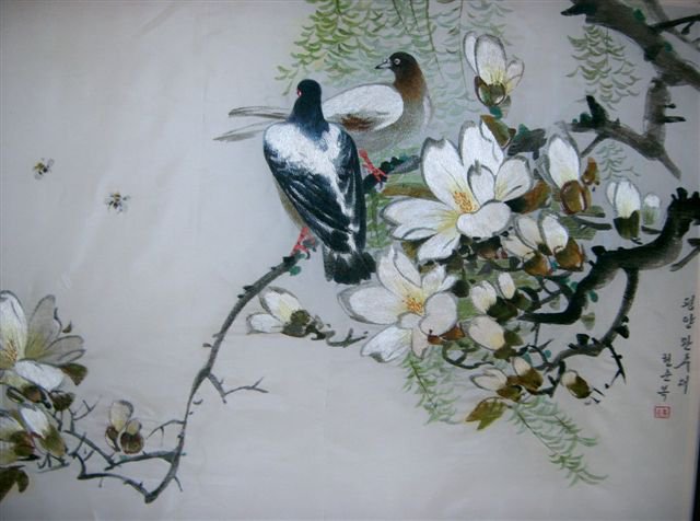 магнолия и голуби - китай, голуби, магнолия, живопись, цветы, птицы - оригинал