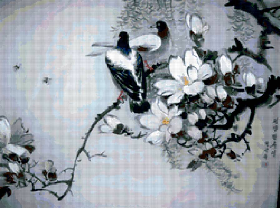 магнолия и голуби - живопись, цветы, китай, голуби, птицы, магнолия - предпросмотр