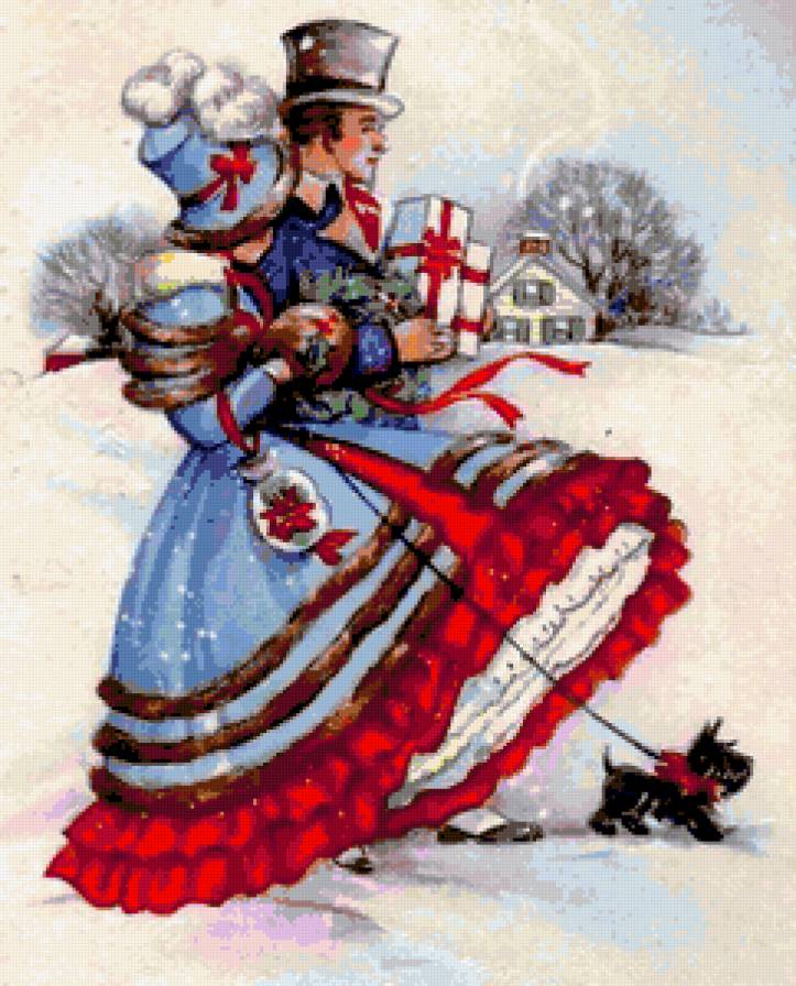 На прогулке - снег, собачка, пара, свидание, зима, ретро, дама, двое, любовь - предпросмотр