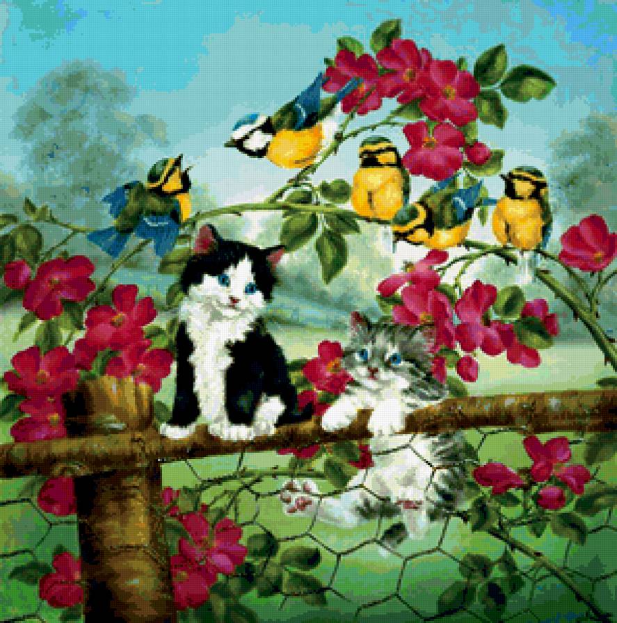 Коты - кот, птицы, цветы - предпросмотр