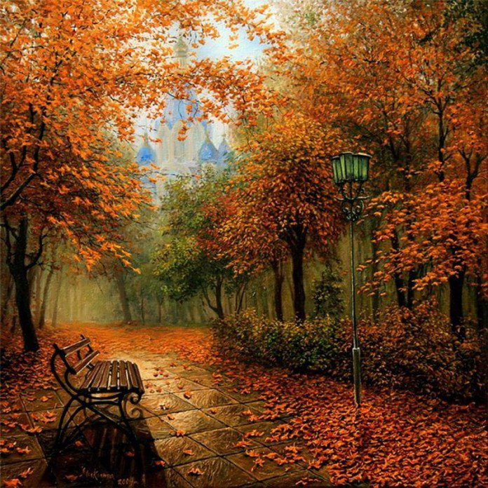осень - листва, фонарь, осень, парк, скамейка - оригинал